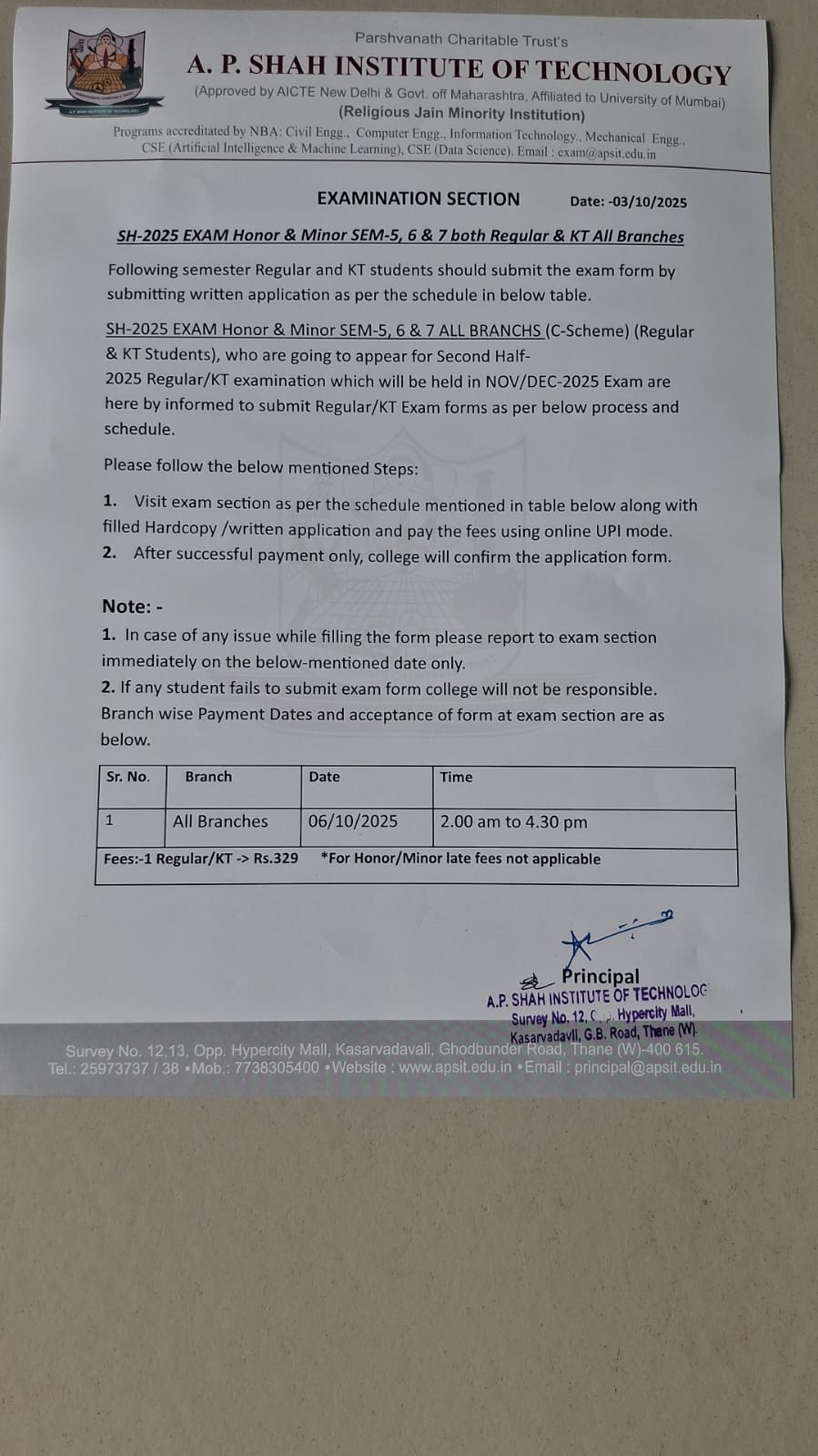 Attachment Notice SH-2025 Honor-Minor Regular-KT exam form submission  Sem-5-6-7 All Branches.jpeg